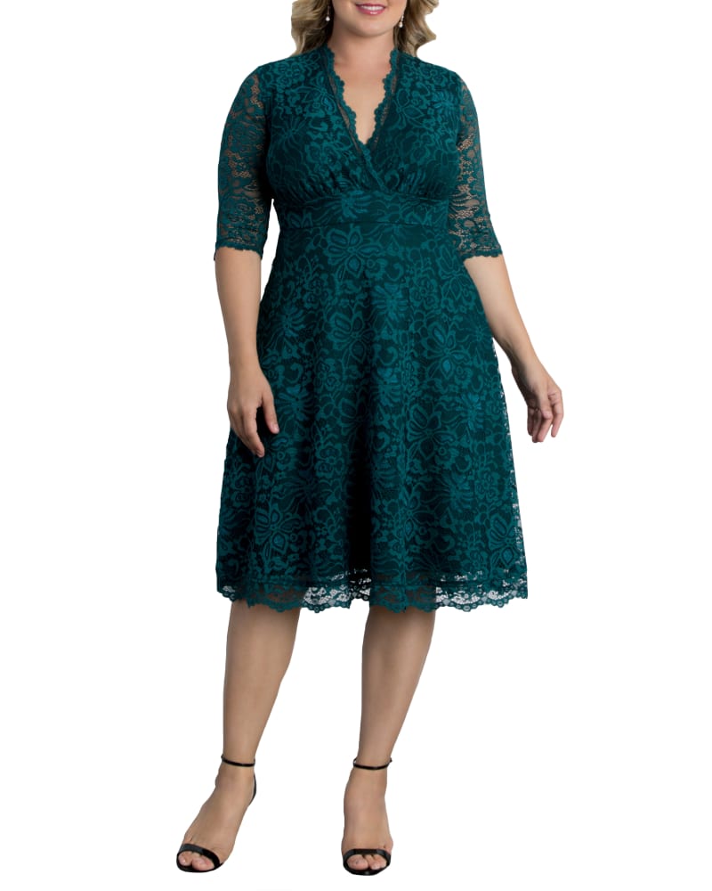 Front of a model wearing a size 0X Genee Lace Cocktail Dress in EMERALD GREEN by Kiyonna. | dia_product_style_image_id:271594